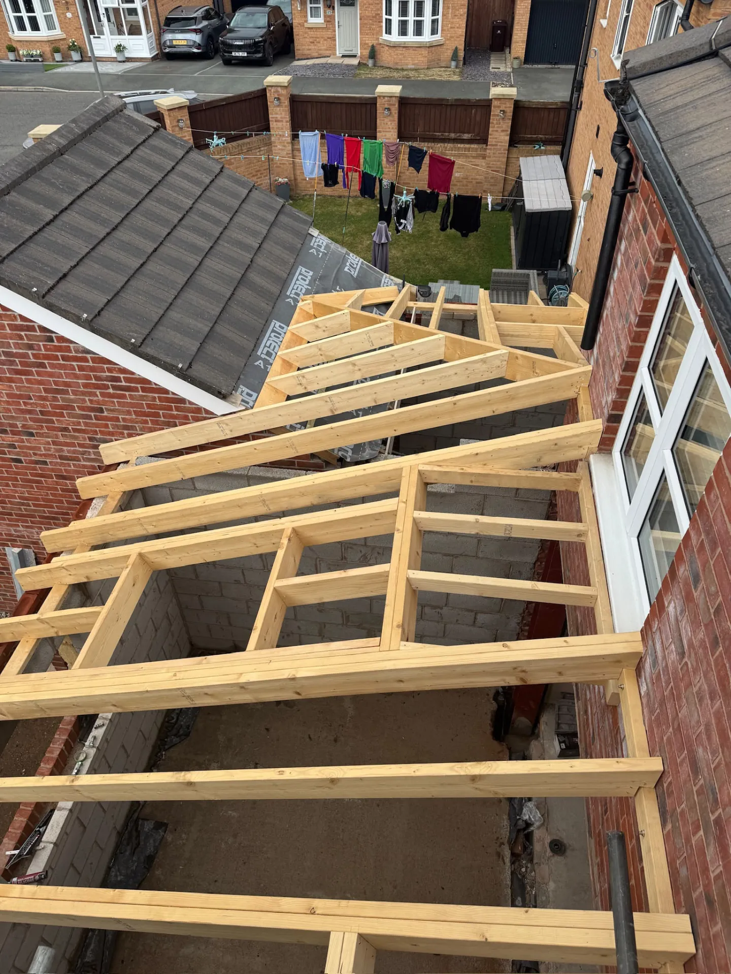 Roof timbers being installed on a house extension